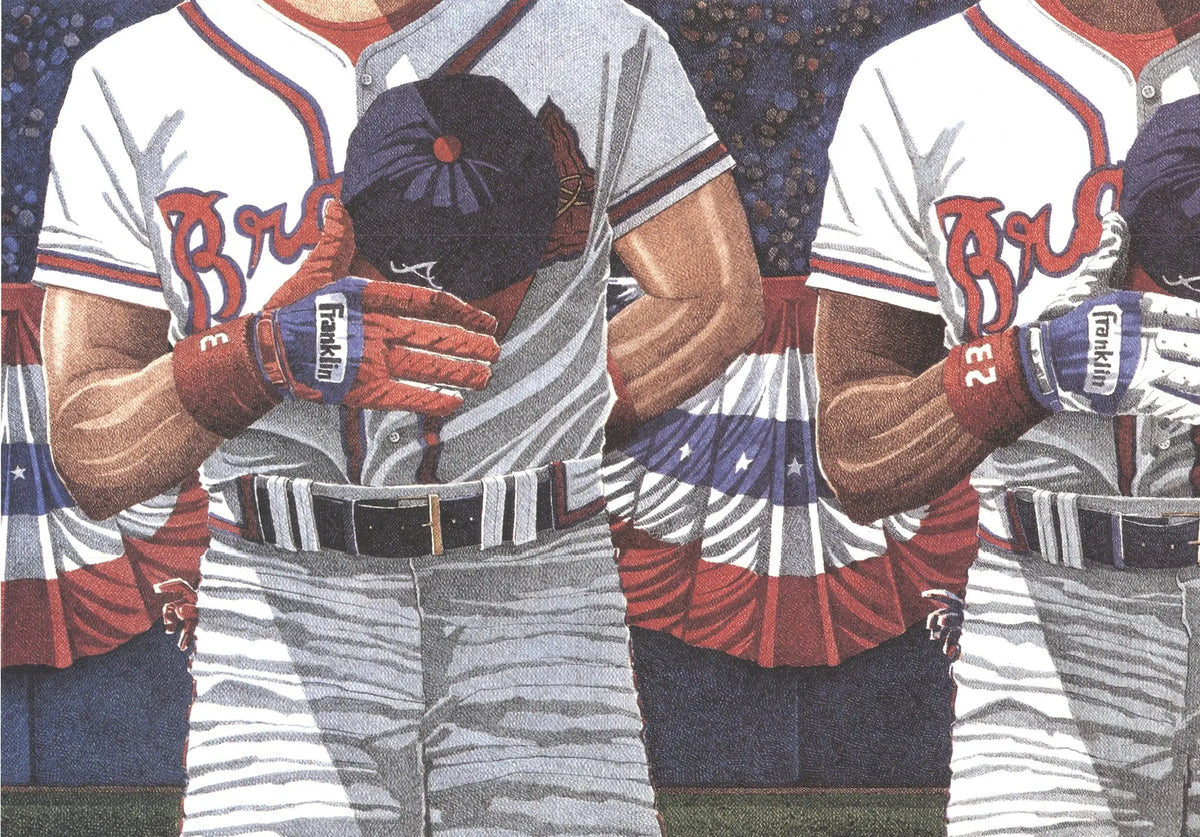Signed Dwight Baird lithograph of Home of the Brave 1994 Atlanta Braves baseball team, featuring Dwight Baird's autograph.