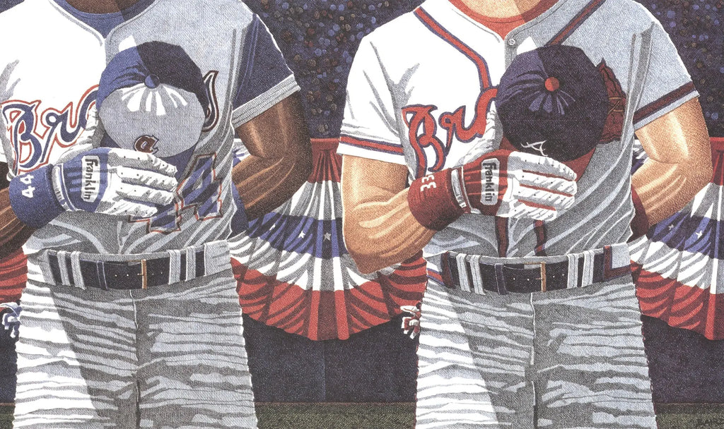 Signed Dwight Baird Home of the Brave 1994 Atlanta Braves lithograph featuring Baird's signature and vibrant team imagery.