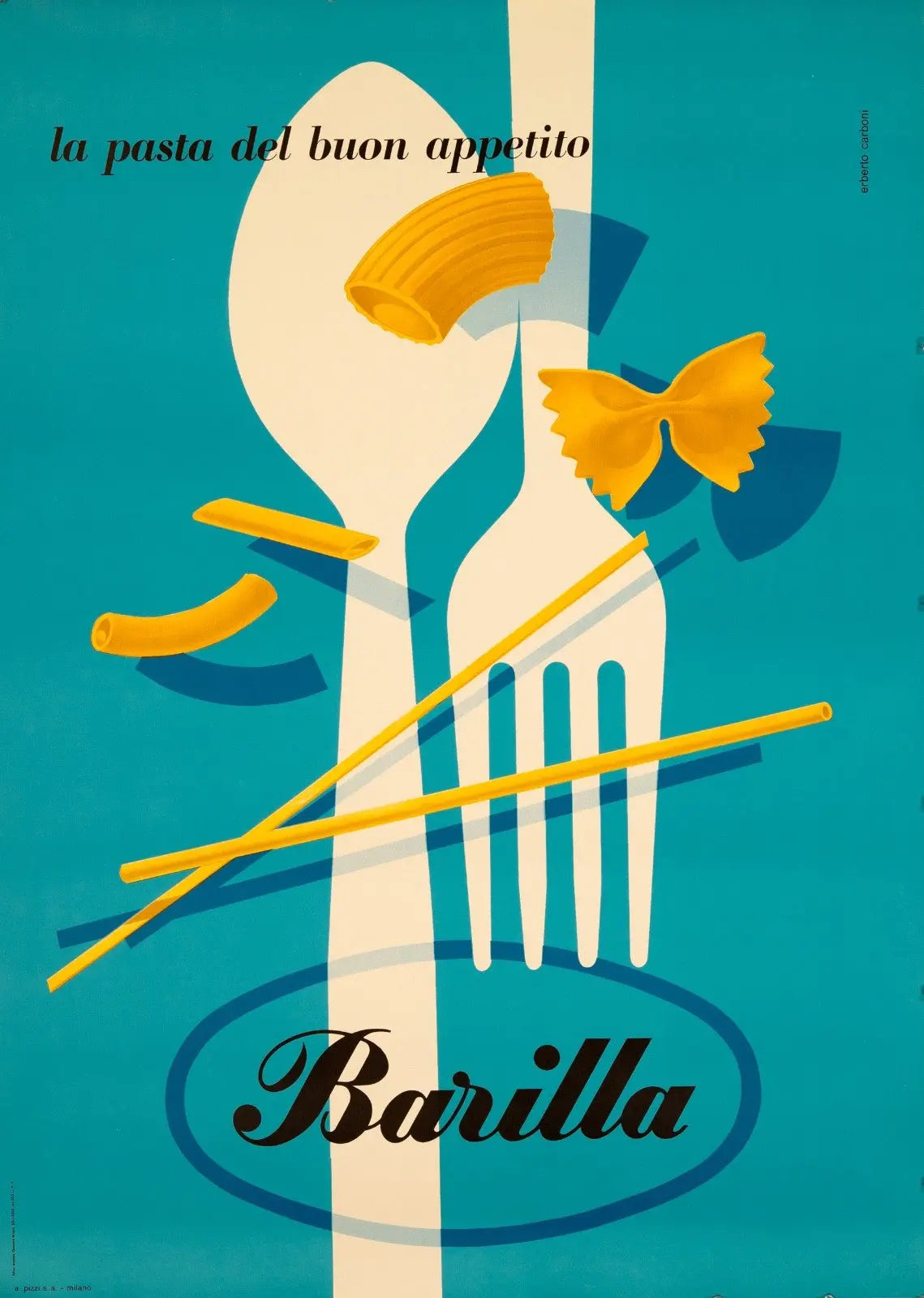 Vintage Barilla pasta poster from 1952 featuring colorful illustrations by Erberto Carboni, showcasing classic Italian pasta packaging.
