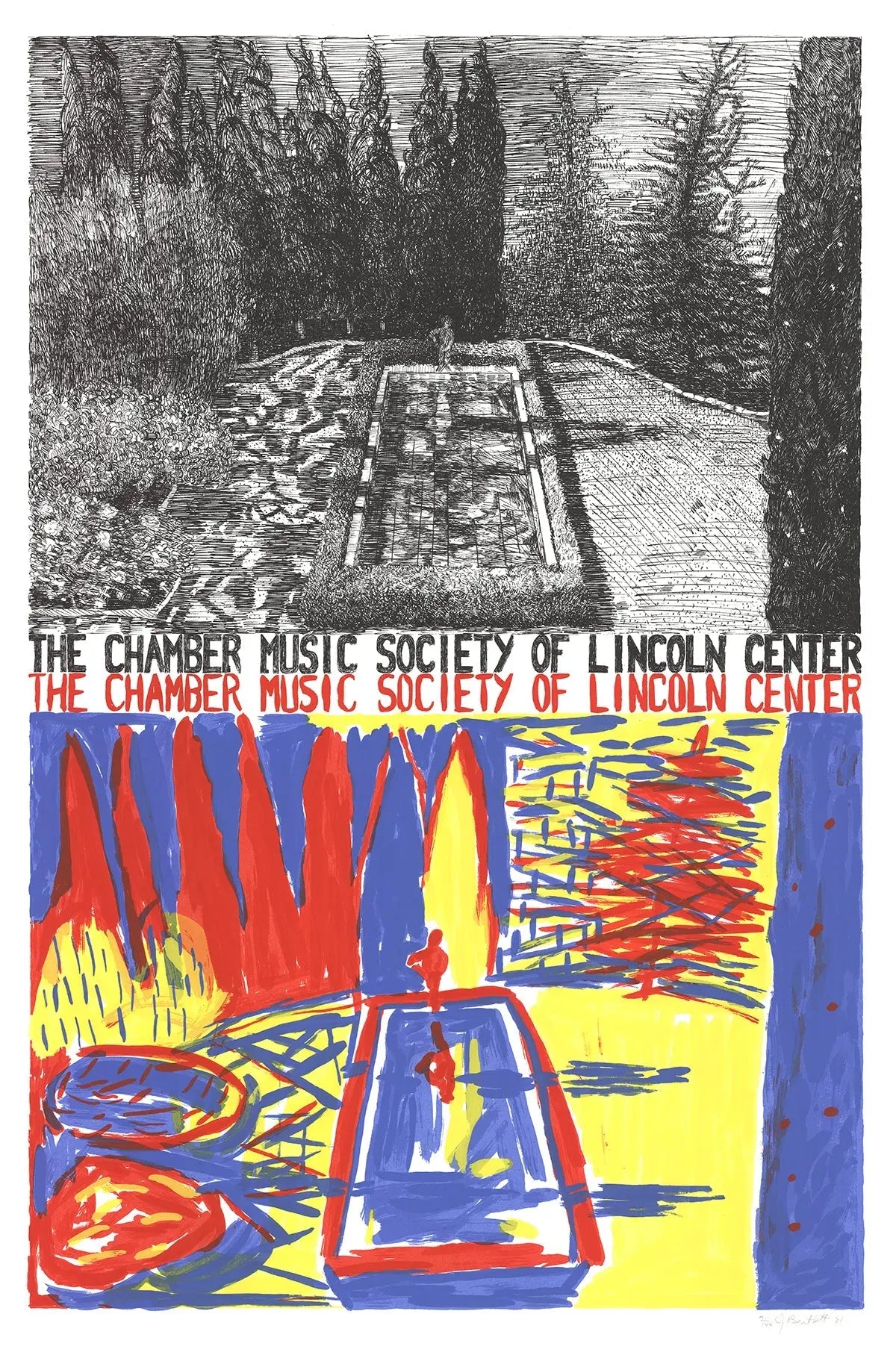 Signed Jennifer Bartlett serigraph titled "Chamber Music of Lincoln Center 1981" featuring vibrant abstract artwork, signed by the artist.
