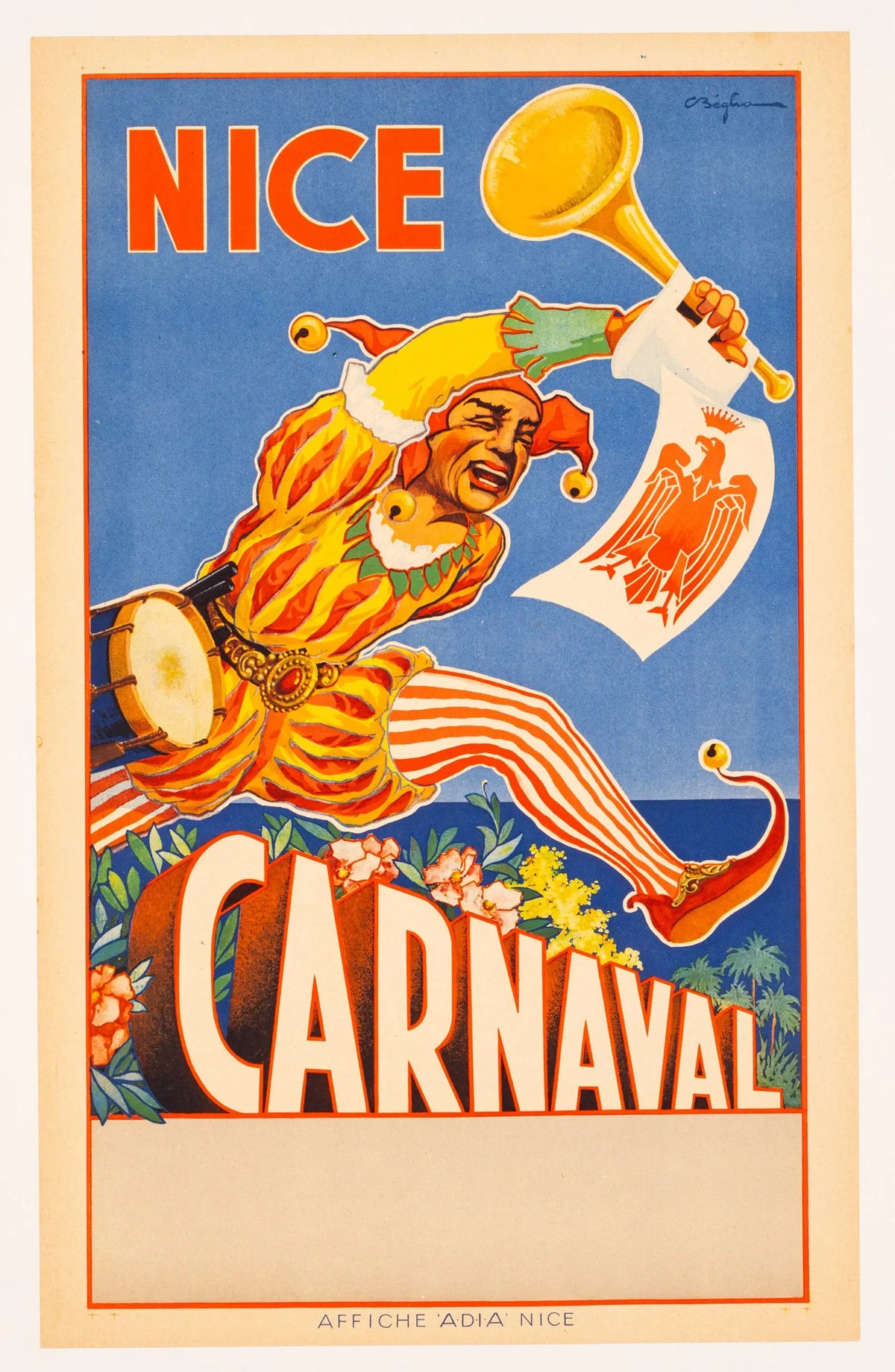Beglia 1954 French lithographic poster for Carnaval de Nice, featuring colorful vintage carnival imagery and festive design.
