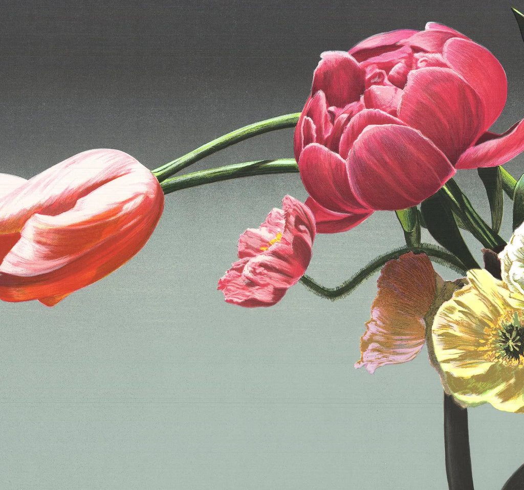 Ben Schonzeit Wedgewood 1994 floral serigraph art poster featuring a detailed floral design, displayed at Lincoln Center.