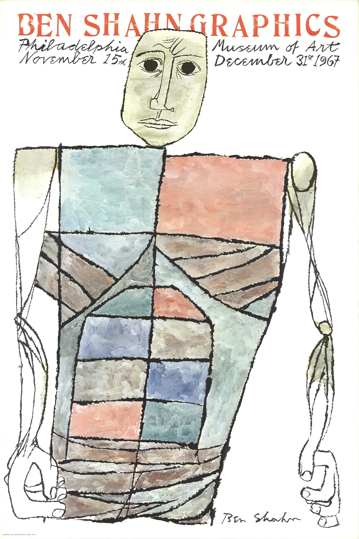 Ben Shahn Graphics 1967 exhibition lithograph poster featuring artwork displayed at the Philadelphia Museum of Art.