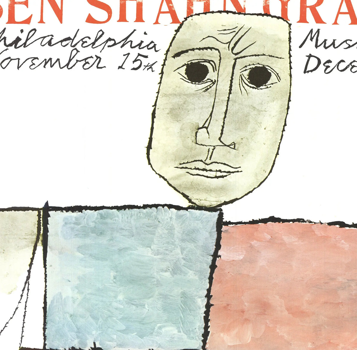 Ben Shahn Graphics 1967 exhibition lithograph poster featuring bold artwork, displayed at the Philadelphia Museum of Art.