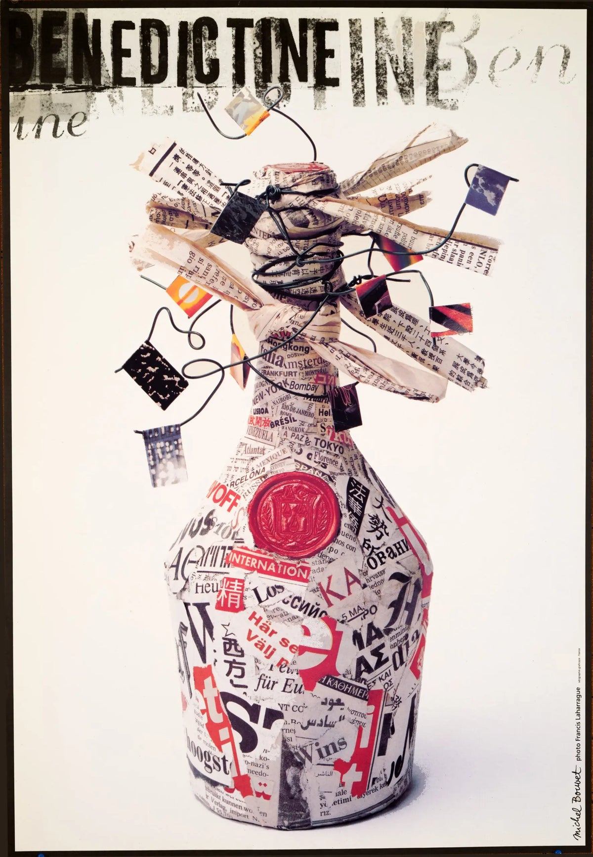 Vintage Benedictine Liqueur Michel Bouvet 1990 French advertising poster featuring the iconic bottle and classic design elements.