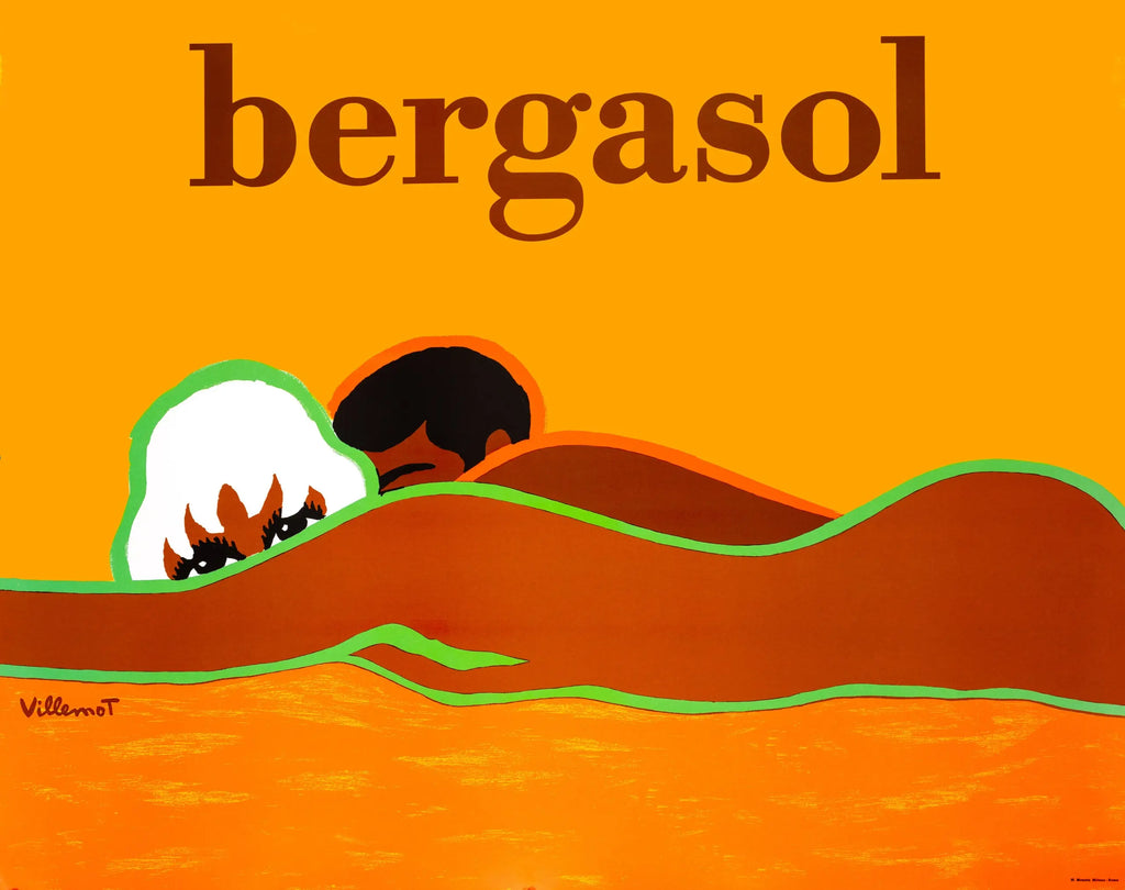 Vintage 1976 Bergasol Sun Lotion poster featuring Bernard Villemot's colorful illustration of a woman enjoying the sun.