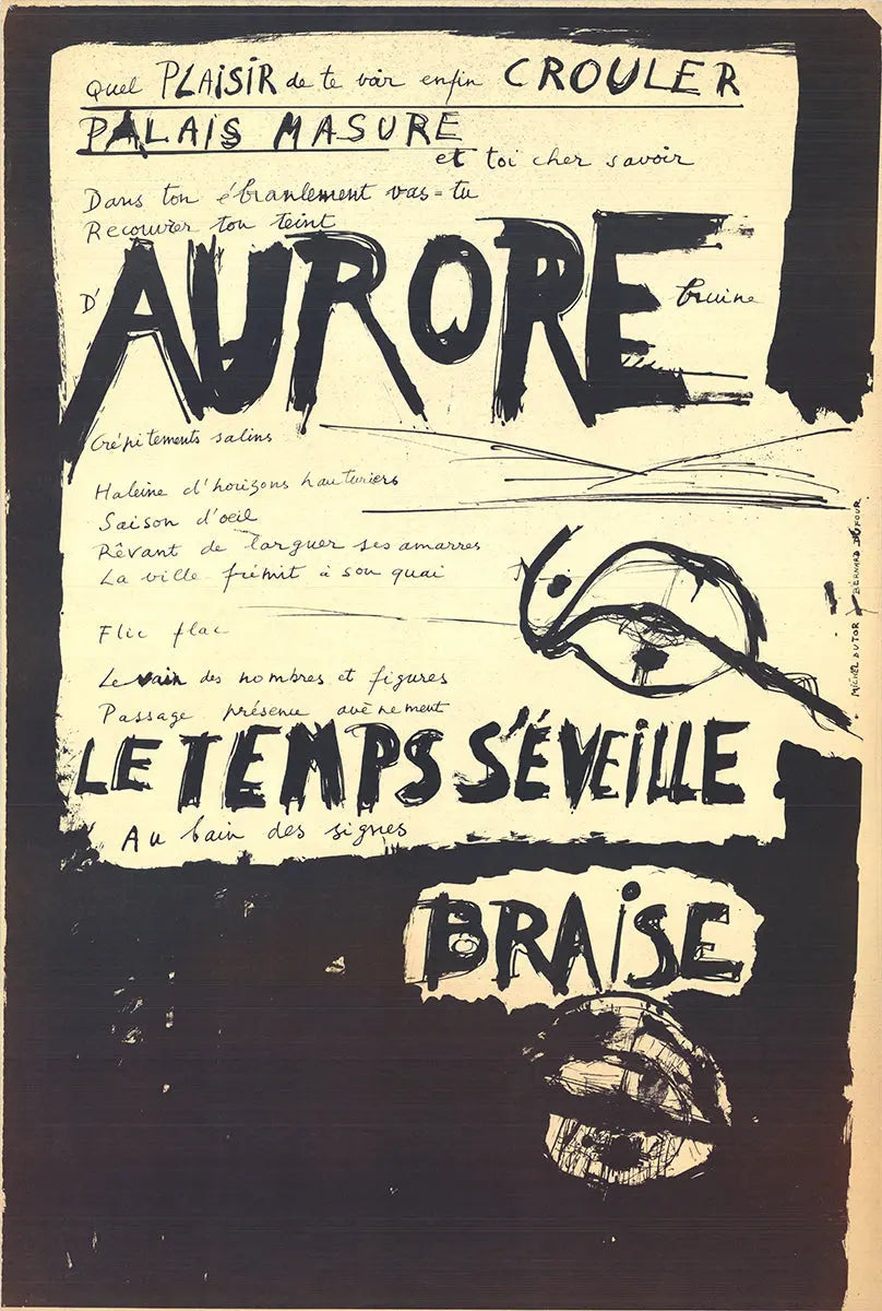 Original lithograph art poster by Bernard Dufour titled "Aurore Time Dawns" from 1968, featuring vibrant, abstract imagery.