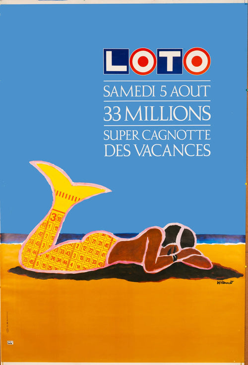 1989 Bernard Villemot French Loto Mermaid advertising poster featuring a colorful mermaid illustration on paper.