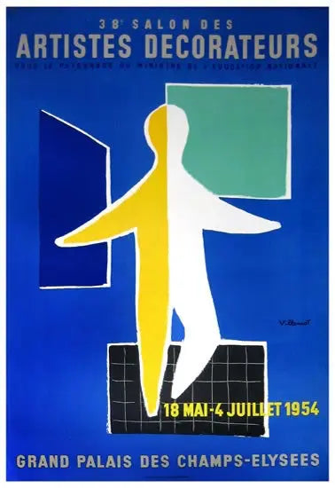 Vintage lithograph poster by Bernard Villemot featuring 1954 artwork for Artistes Decorateurs, with vibrant colors and artistic design.