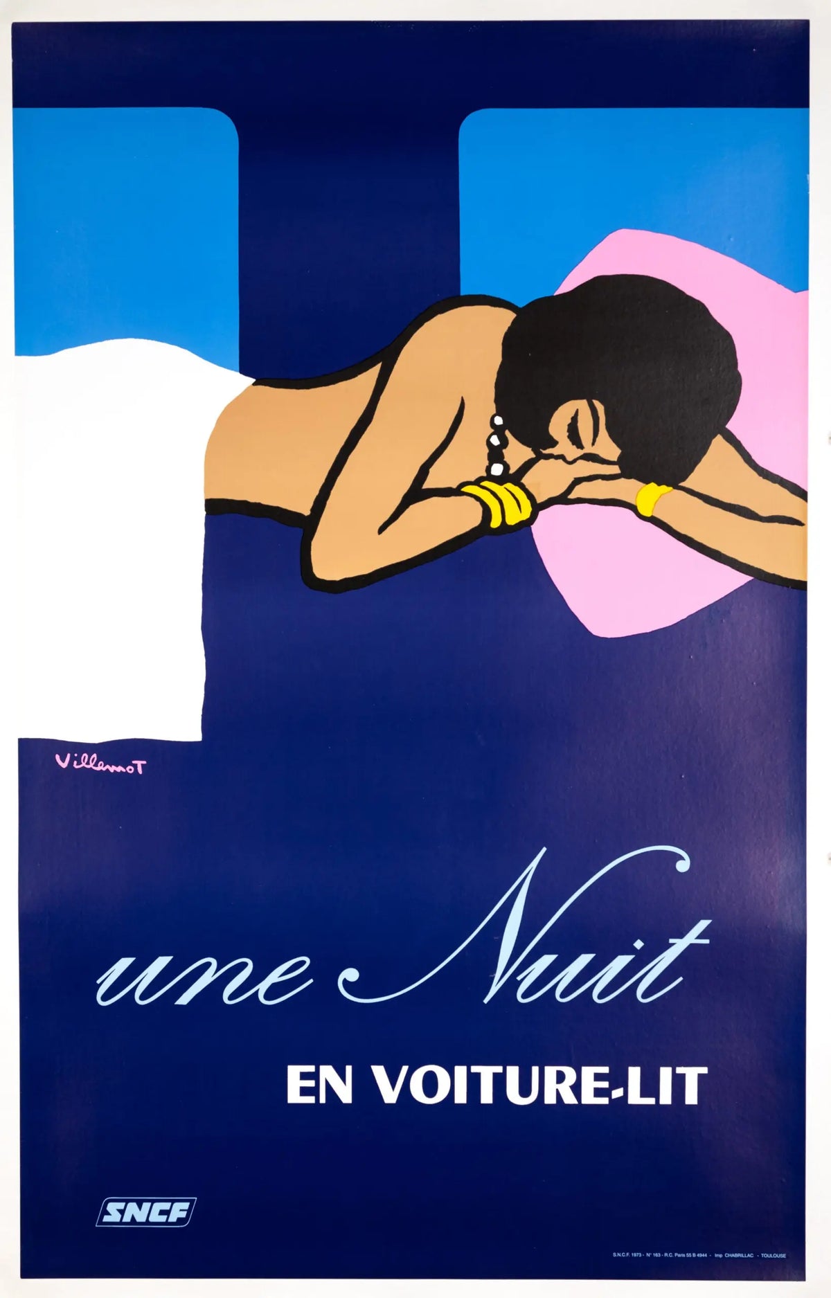 Vintage railway poster by Bernard Villemot from 1973 featuring a nighttime scene with stylized train imagery.