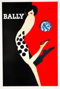 Vintage 1990s Bernard Villemot Bally Kick offset lithograph poster featuring bold graphic design and vibrant colors.