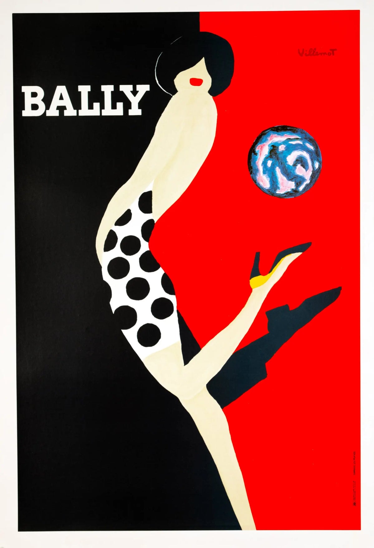 Vintage 1990s Bernard Villemot Bally Kick offset lithograph poster featuring bold graphic design and vibrant colors.
