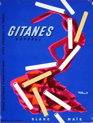 Vintage linen poster featuring Bernard Villemot's 1980 Gitanes lithograph artwork, showcasing bold colors and classic design.