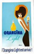 Vintage 1989 Bernard Villemot Orangina Light poster on linen backing, featuring vibrant orange and yellow design with iconic branding.