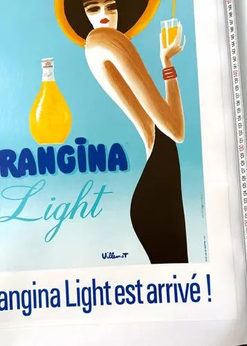 Vintage 1989 Bernard Villemot Orangina Light poster on linen backing featuring colorful citrus imagery.