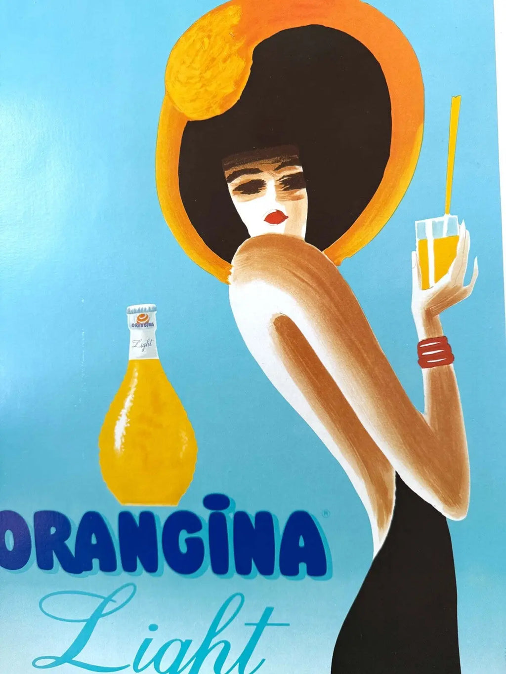 Vintage 1989 Bernard Villemot Orangina Light poster, linen-backed, featuring colorful citrus and retro design artwork.