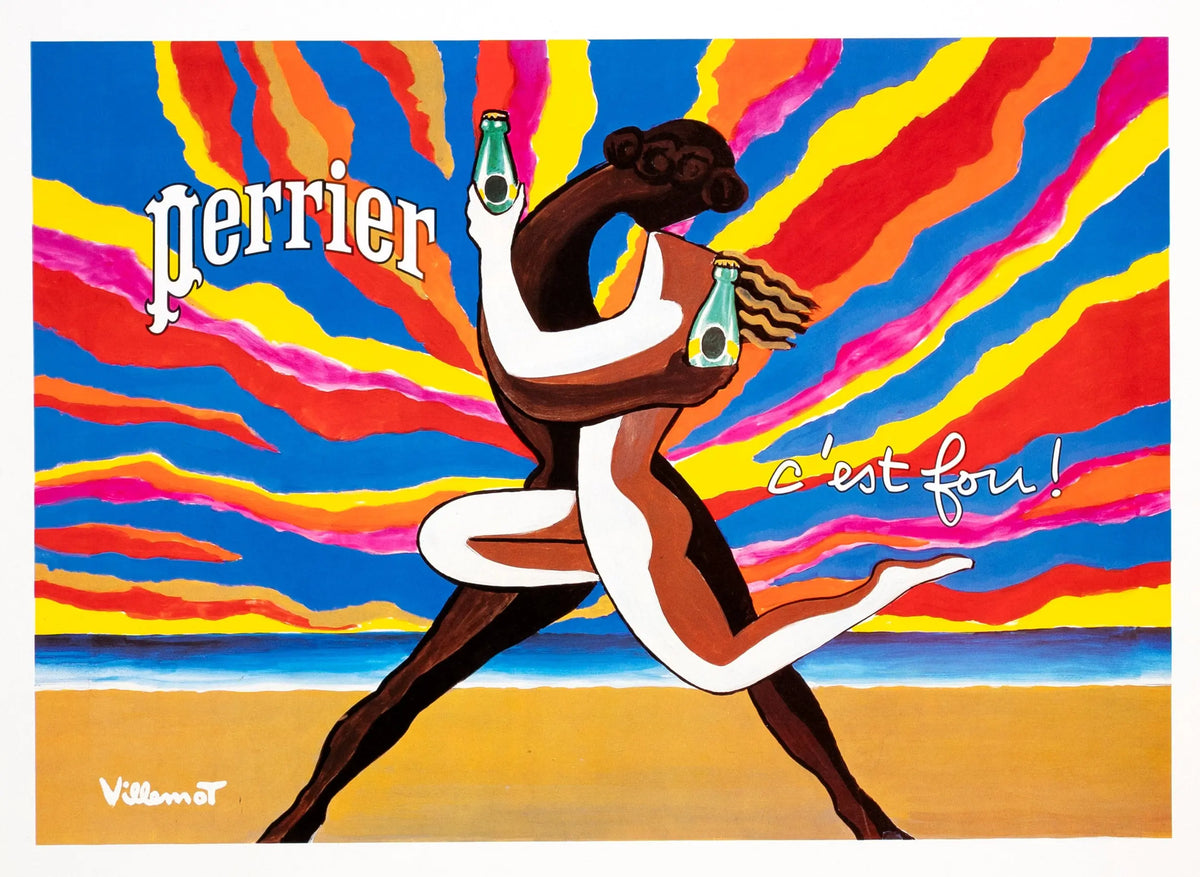 Vintage 1980 Perrier Le Couple Dansant poster by Bernard Villemot, featuring a dancing couple in vibrant colors.
