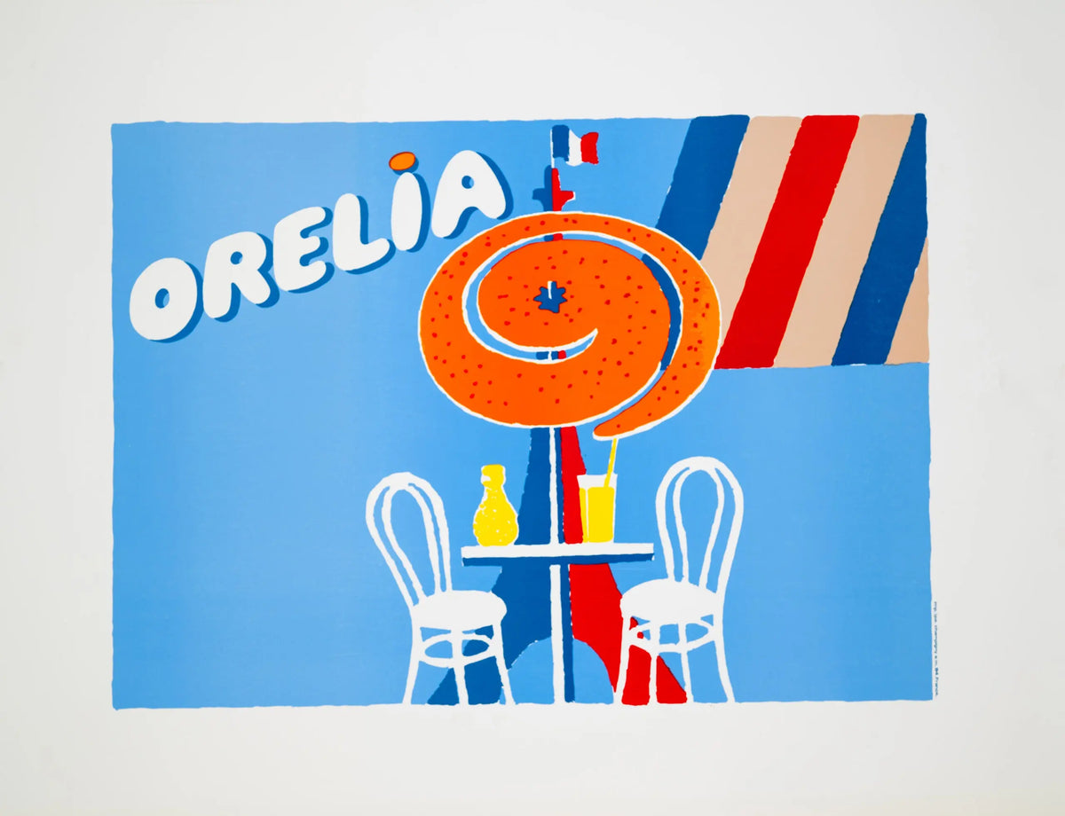 Vintage 1983 Orelia poster by Bernard Villemot on linen, featuring colorful, artistic design from the original limited edition print.