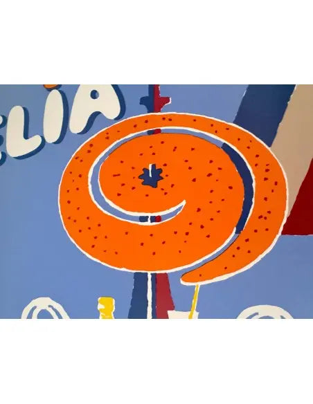 Vintage 1983 Bernard Villemot Orelia poster on linen, featuring colorful artwork with bold, abstract design and vibrant hues.