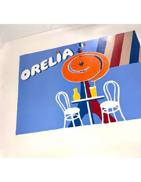 Vintage Bernard Villemot Orelia poster from 1983 on linen, featuring colorful artwork and classic design by the renowned artist.
