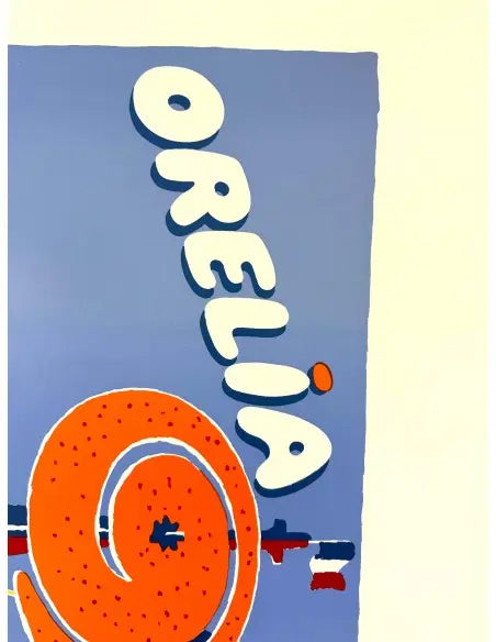 Vintage 1983 Orelia poster by Bernard Villemot on linen, featuring colorful artwork and classic design elements.