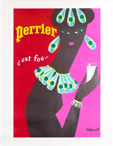 Vintage Perrier Femme Noir 1977 poster by Bernard Villemot showing a stylish woman holding a Perrier bottle in a classic art style.