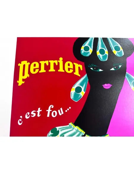 Vintage Perrier Femme Noir 1977 poster by Bernard Villemot featuring bold black and white artwork with stylized woman and Perrier logo.