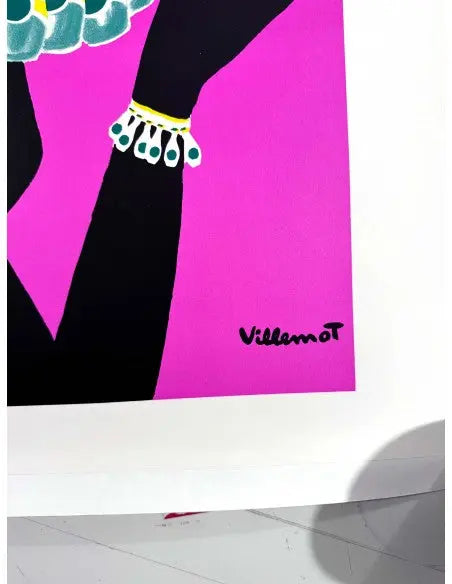 Vintage Perrier Femme Noir 1977 poster by Bernard Villemot featuring elegant black and white artwork with a stylish woman.