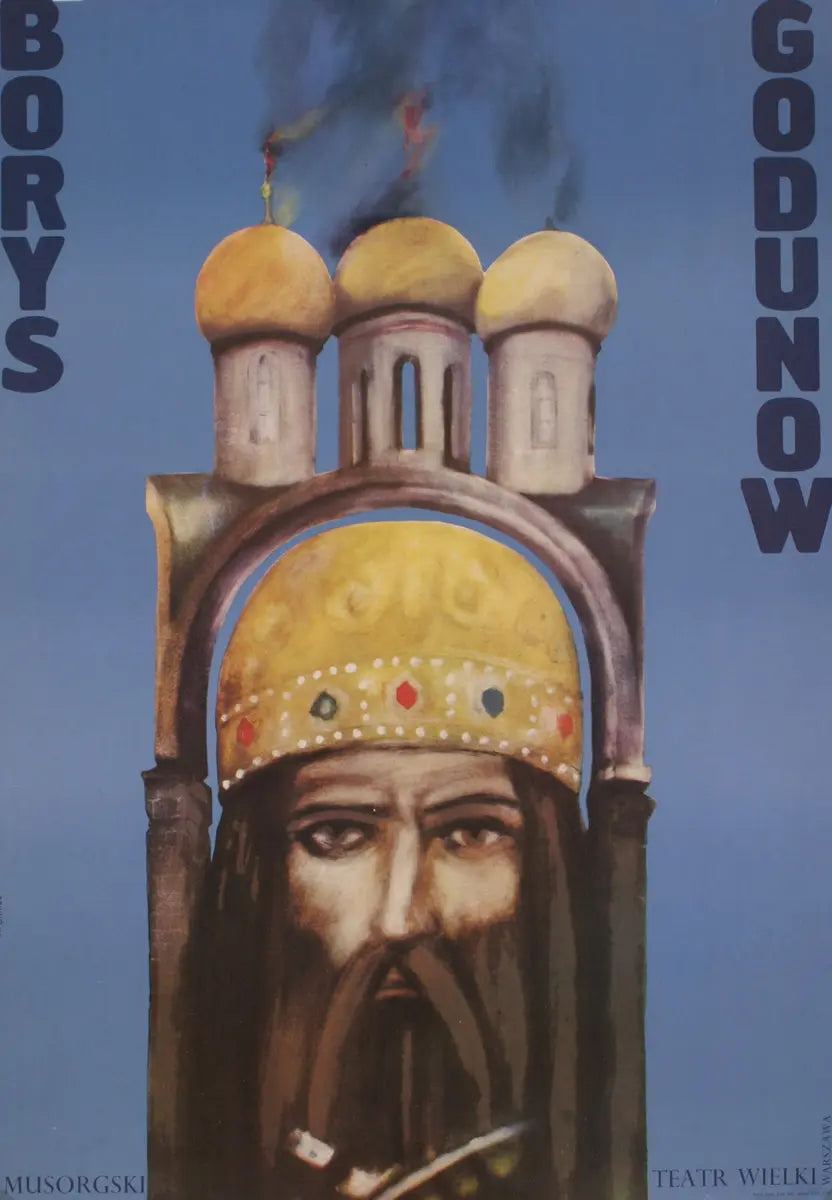 Original 1975 Borys Godunow Polish Opera exhibition poster featuring theatrical artwork and bold typography.