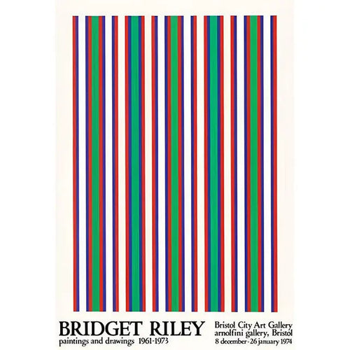 1974 Bridget Riley exhibition poster featuring bold, abstract black and white geometric patterns from the Bristol exhibition.