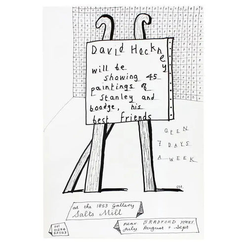 Vintage David Hockney The Dog Show 1990 signed exhibition poster featuring artwork of dogs, displayed on a decorative plate.