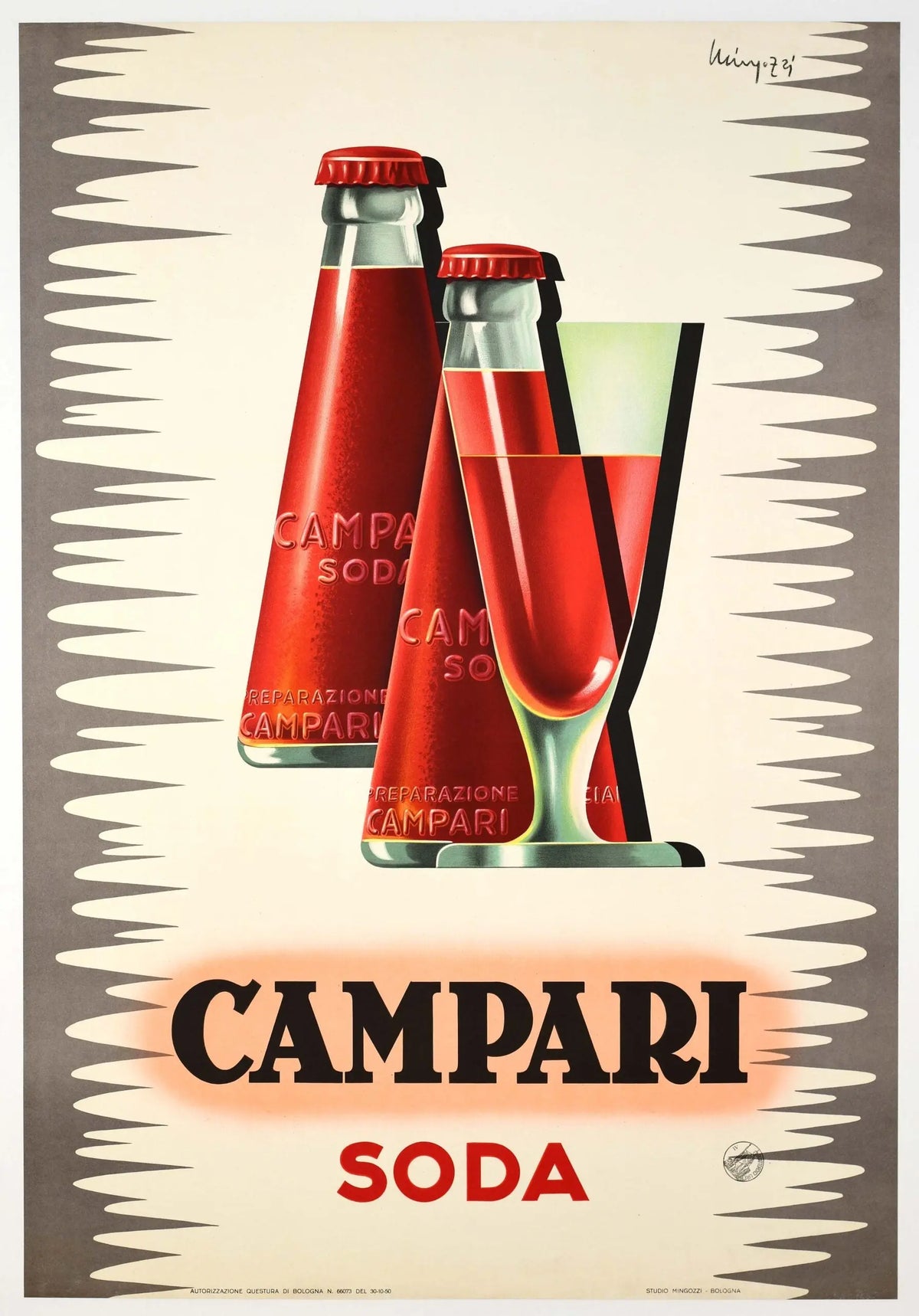 Vintage 1950 Campari Soda lithograph poster by Giovanni Mingozzi, featuring classic retro design and vibrant colors.