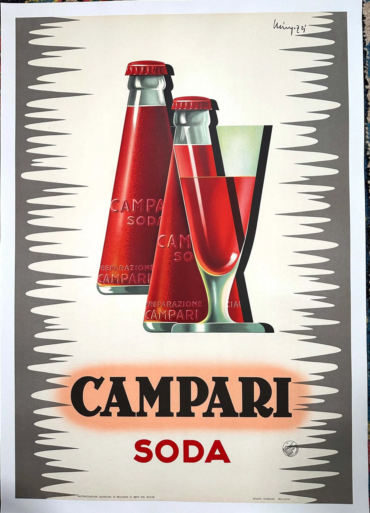 Vintage 1950 Campari Soda lithograph poster by Giovanni Mingozzi, featuring classic artwork and bold red branding.