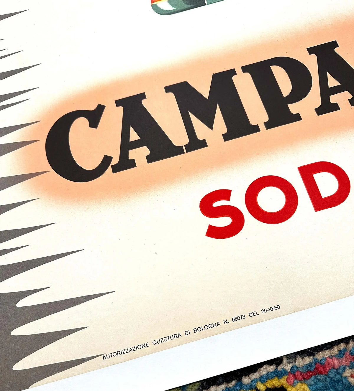 Vintage 1950 Campari Soda lithograph poster by Giovanni Mingozzi, featuring classic Campari branding and bold retro design.