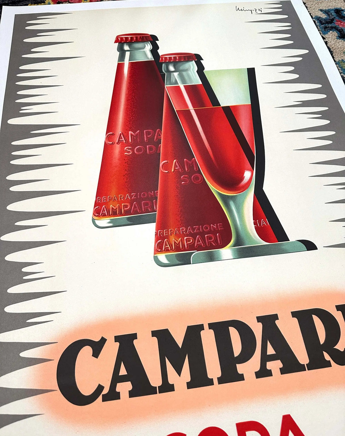 Vintage 1950 Campari Soda lithograph poster by Giovanni Mingozzi featuring classic retro design and vibrant colors.