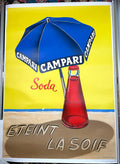 Vintage 1963 Campari umbrella lithograph poster on linen, showcasing classic retro artwork and branding.