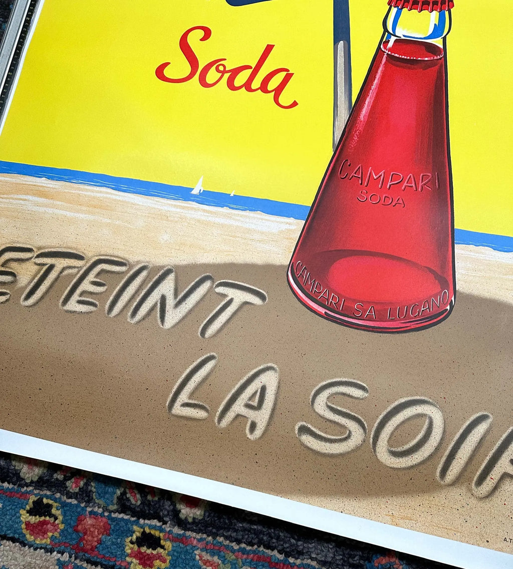 Vintage 1963 Campari umbrella lithograph poster on linen, featuring classic Italian cocktail branding and retro design elements.