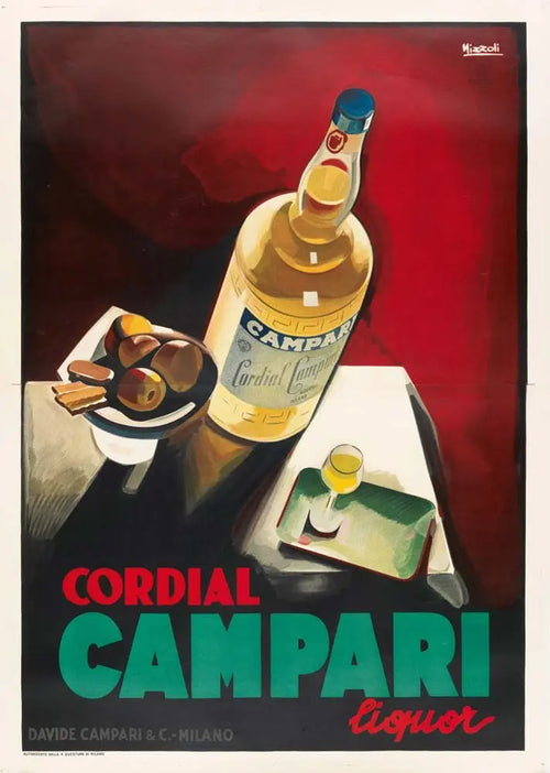 Vintage 1925 Campari cordial poster by Marcello Nizzoli depicting classic Art Deco design and vibrant red colors.