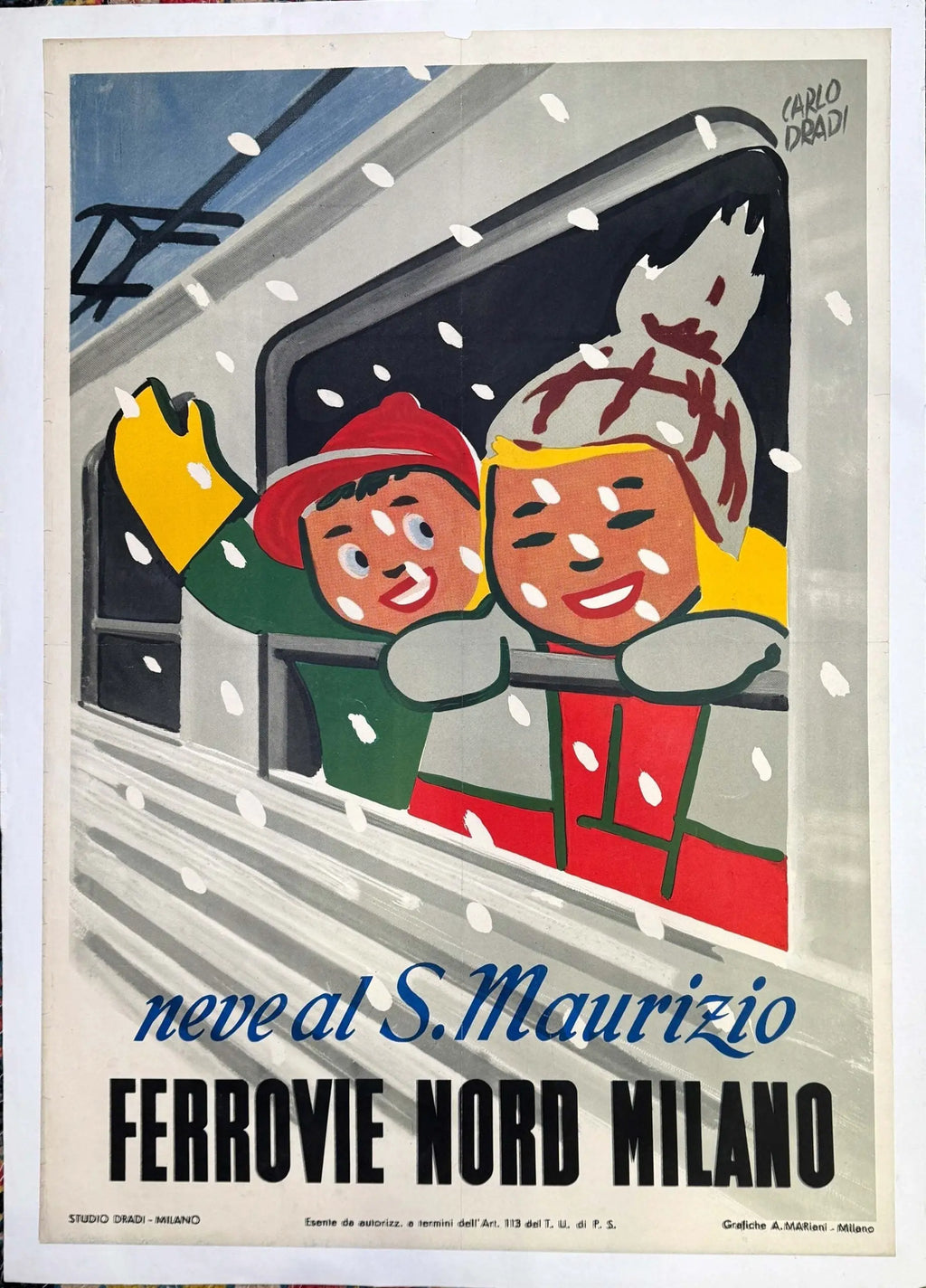 Original Carlo Dradi 1948 Maurizio skiing Ferrovie Nord Milano poster showing vintage ski scene with train and snowy landscape