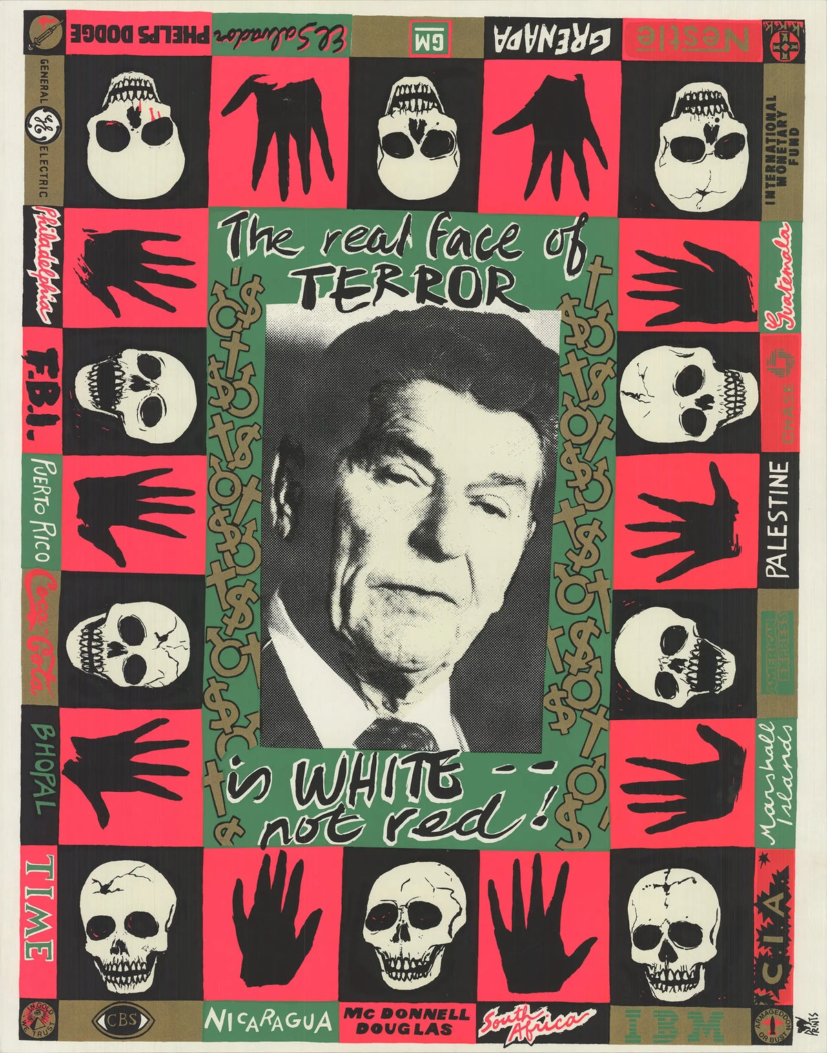 Carol Porter original 1986 serigraph titled The Real Face of Terror showing abstract face design in black and white.