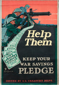 Original WWI military lithograph poster by Casper Emerson titled "Help Them," 1917, featuring patriotic wartime imagery.