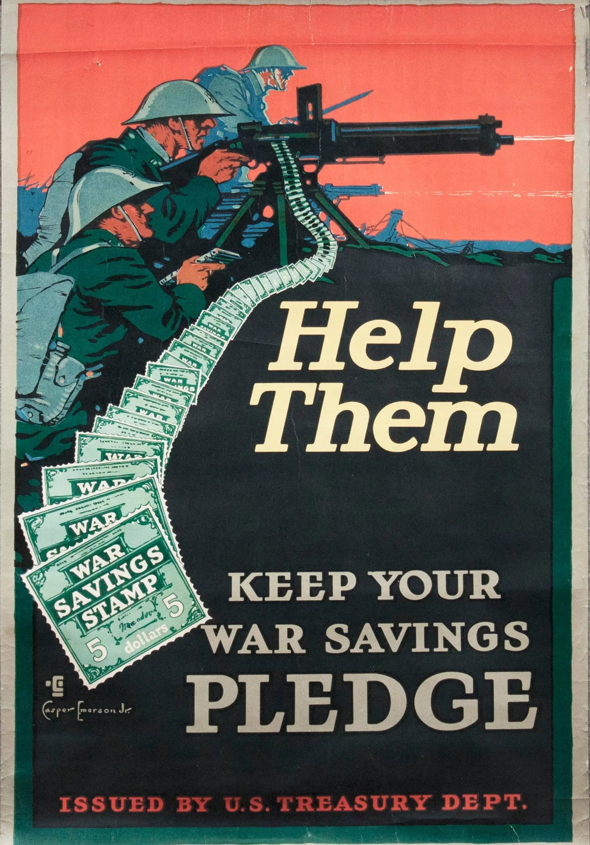 Original WWI military lithograph poster by Casper Emerson titled "Help Them," 1917, featuring patriotic wartime imagery.