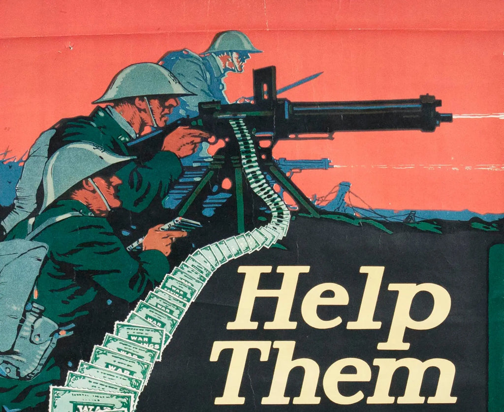 Original WWI military lithograph poster by Casper Emerson, titled "Help Them," from 1917, featuring patriotic wartime imagery.
