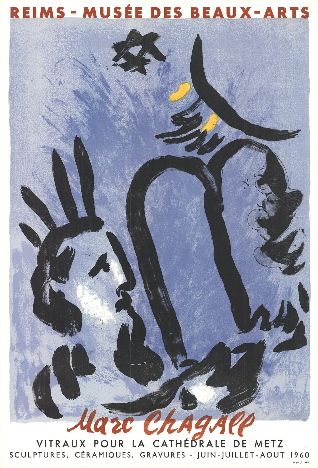Vintage lithograph art poster of Marc Chagall's Moses and the Tablets from 1960, featuring colorful biblical imagery.