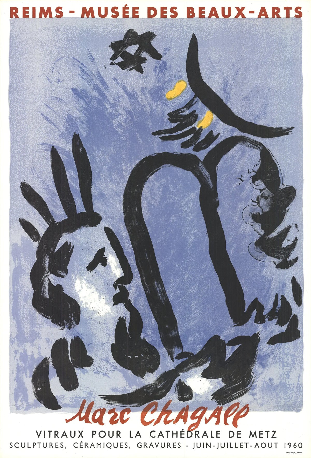 Vintage lithograph art poster of Marc Chagall's Moses and the Tablets from 1960, featuring colorful biblical imagery.