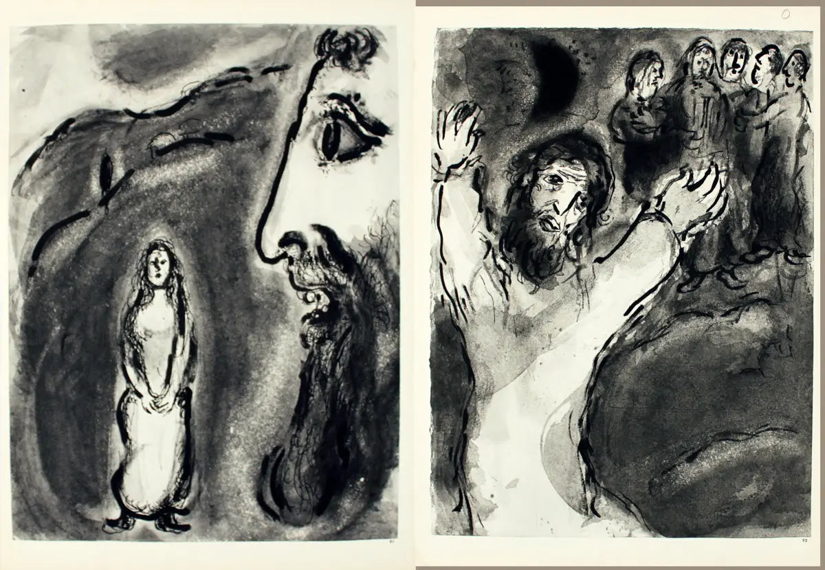 Marc Chagall The Bible Scenes 1960 original offset lithograph art print, featuring vibrant biblical imagery and artistic details.
