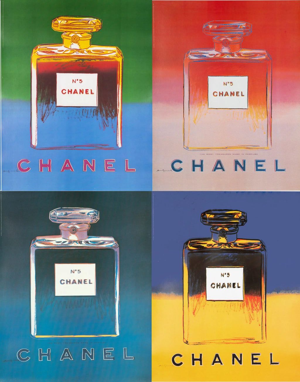 Authentic Andy Warhol Chanel No 5 perfume poster set featuring original artwork and vintage design by Chanel.