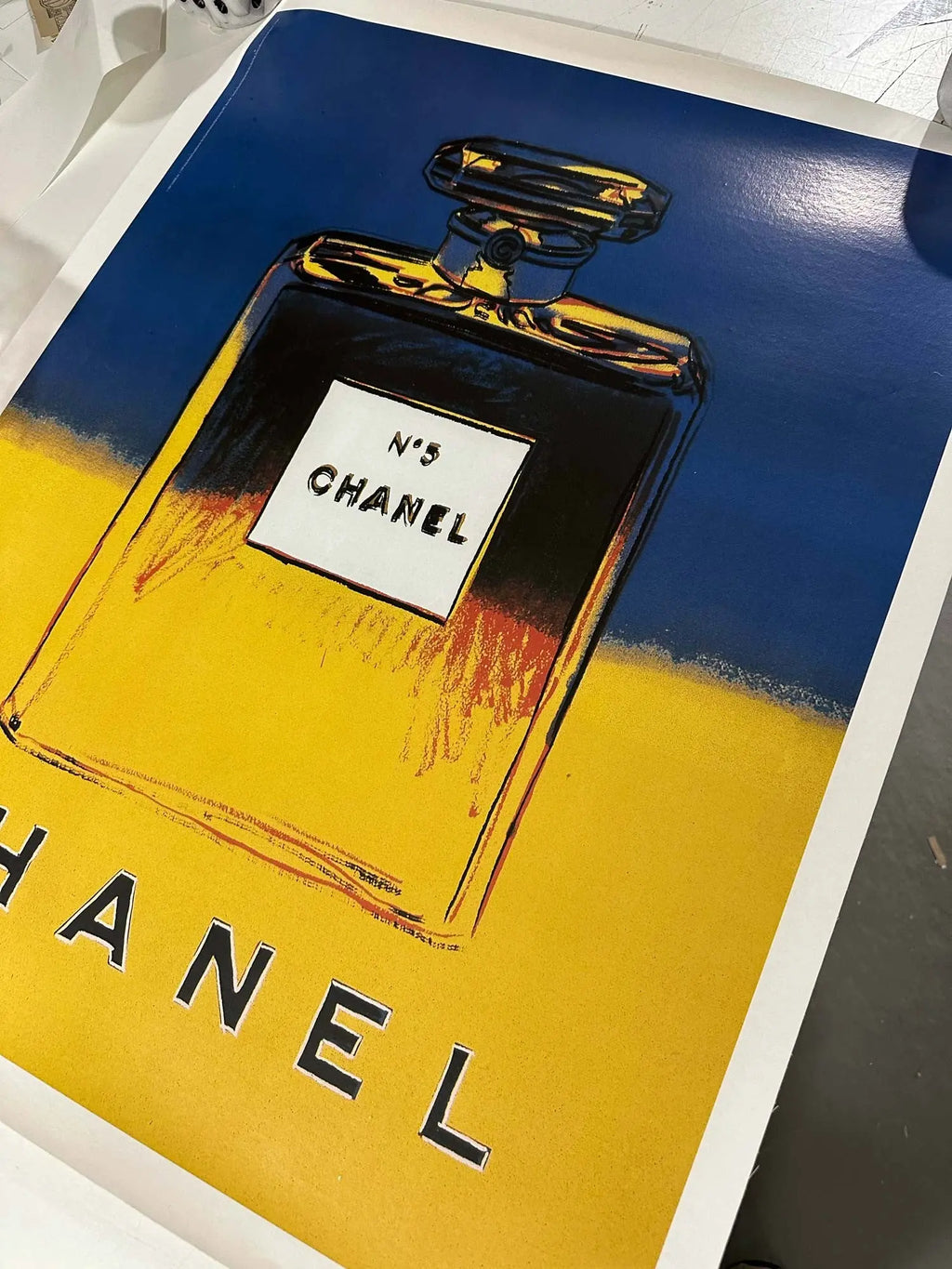 Authentic Andy Warhol Chanel No 5 perfume poster set featuring vibrant artwork and branding from Chanel.