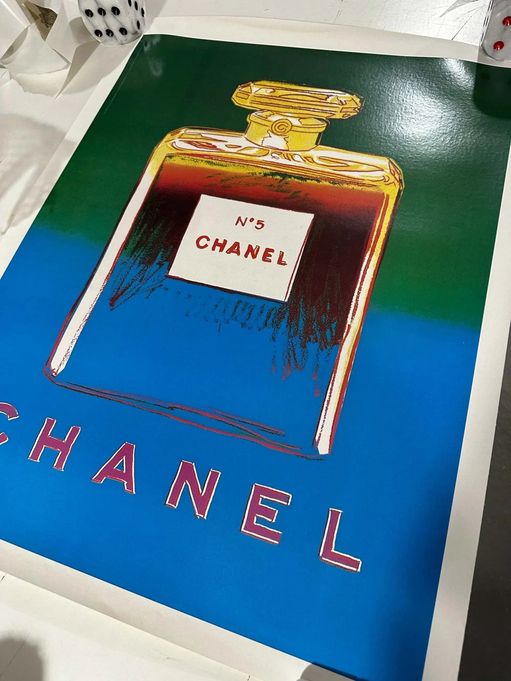 Authentic Andy Warhol Chanel No 5 perfume poster set featuring vibrant artwork and classic Chanel branding.