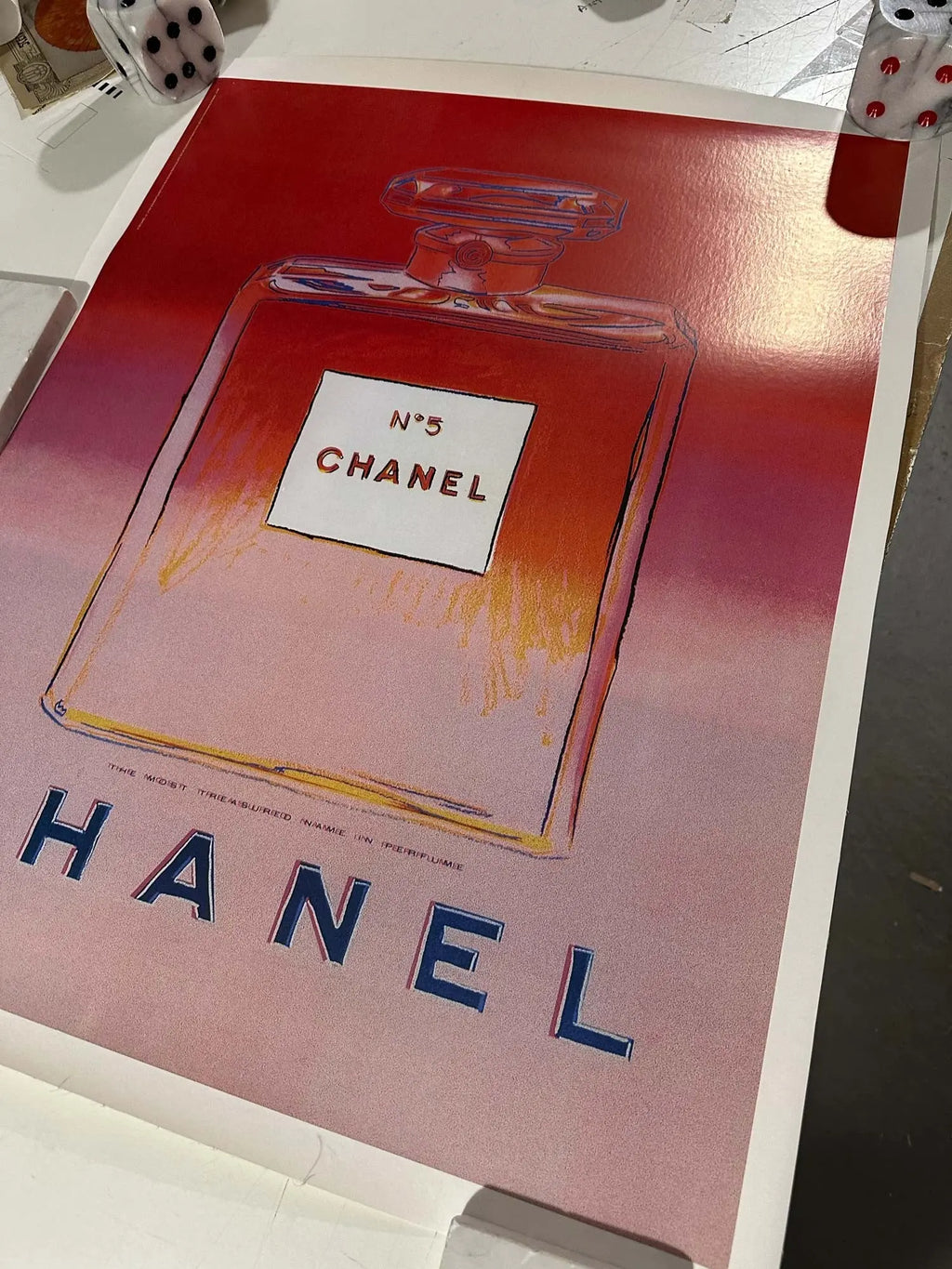 Authentic Andy Warhol Chanel No 5 perfume poster set featuring vibrant artwork and vintage design, showcasing Chanel's iconic fragrance.